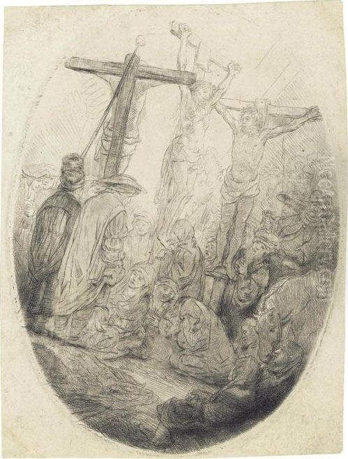 Christ Crucified Between The Two Thieves: Oval Plate Oil Painting by Harmenszoon van Rijn Rembrandt