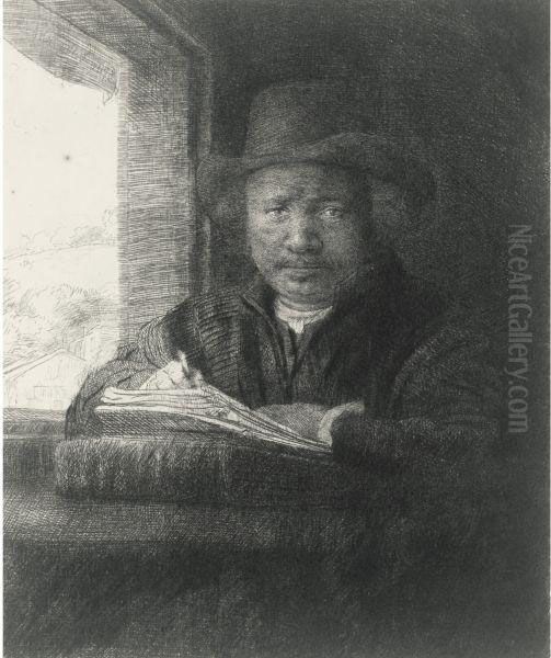 Self-portrait Drawing At A Window Oil Painting by Harmenszoon van Rijn Rembrandt