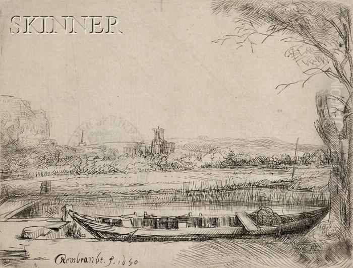 Canal With A Large Boat And Bridge Oil Painting by Harmenszoon van Rijn Rembrandt