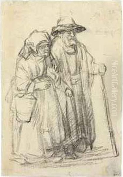 A Strolling Couple: An Old Man And A Woman Carrying A Marketpail Oil Painting by Harmenszoon van Rijn Rembrandt
