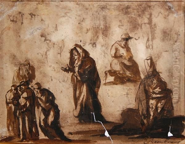 Figure Studies; Figures In A Church Interior Oil Painting by Harmenszoon van Rijn Rembrandt