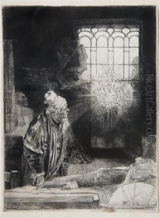 Faust In His Study, Watching A Magic Disk Oil Painting by Harmenszoon van Rijn Rembrandt