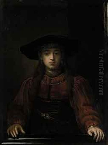 Portrait Of A Young Girl, 
Half-length, In A Red Dress With Fur Trim, A Buckled Corset And Fur Hat Oil Painting by Harmenszoon van Rijn Rembrandt