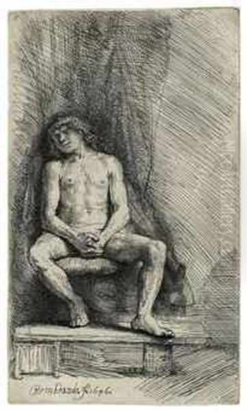 Nude Man Seated Before A Curtain Oil Painting by Harmenszoon van Rijn Rembrandt
