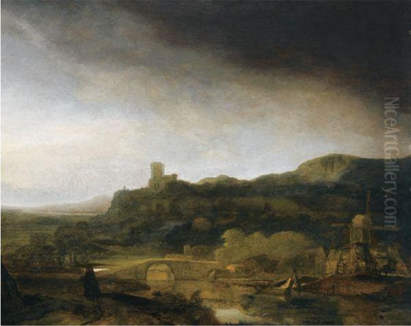 An Extensive River Landscape 
With A Windmill And A Traveller Onhorseback On A Path, Ruins Beyond Oil Painting by Harmenszoon van Rijn Rembrandt