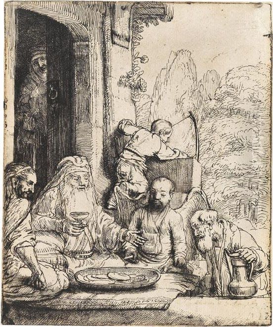 Abraham Die Engel Bewirtend Oil Painting by Harmenszoon van Rijn Rembrandt