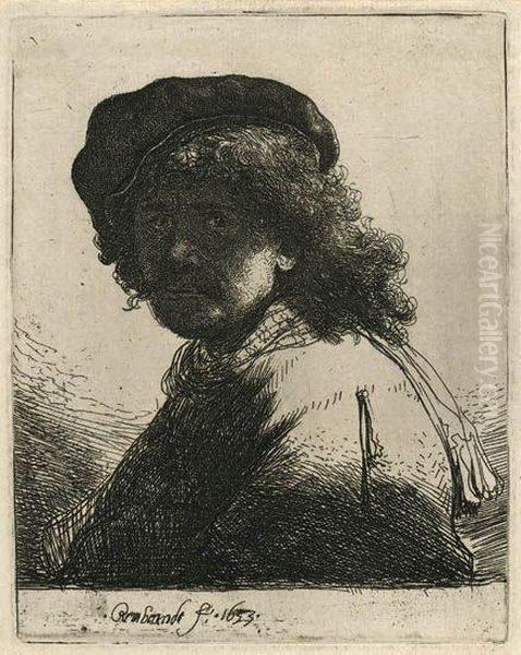 Self Portrait In A Cap And Scarf With The Face Dark: Bust Oil Painting by Harmenszoon van Rijn Rembrandt