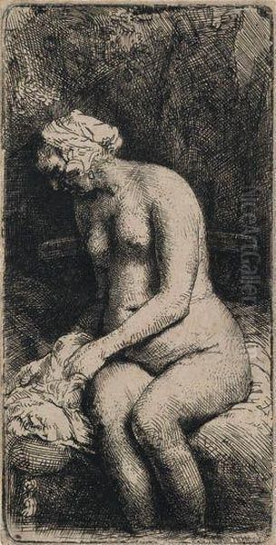 Woman Bather Her Feet At A Brook Oil Painting by Harmenszoon van Rijn Rembrandt