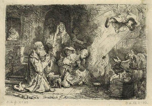 The Angel Departing From The Family Of Tobias Oil Painting by Harmenszoon van Rijn Rembrandt