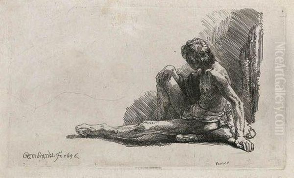 Nude Man Seated On The Ground With One Leg Extended Oil Painting by Harmenszoon van Rijn Rembrandt