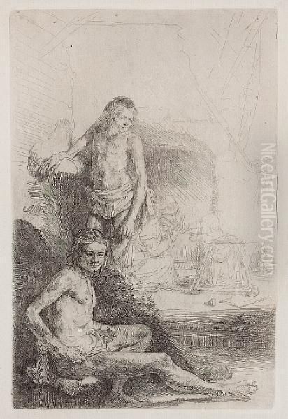 Nude Man Seated And Another Standing With Awoman And A Baby Oil Painting by Harmenszoon van Rijn Rembrandt