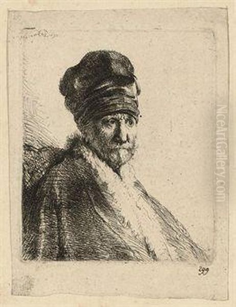 Bust Of A Man Wearing A High Cap, Three-quarters Right: The Artist's Father? Oil Painting by Harmenszoon van Rijn Rembrandt