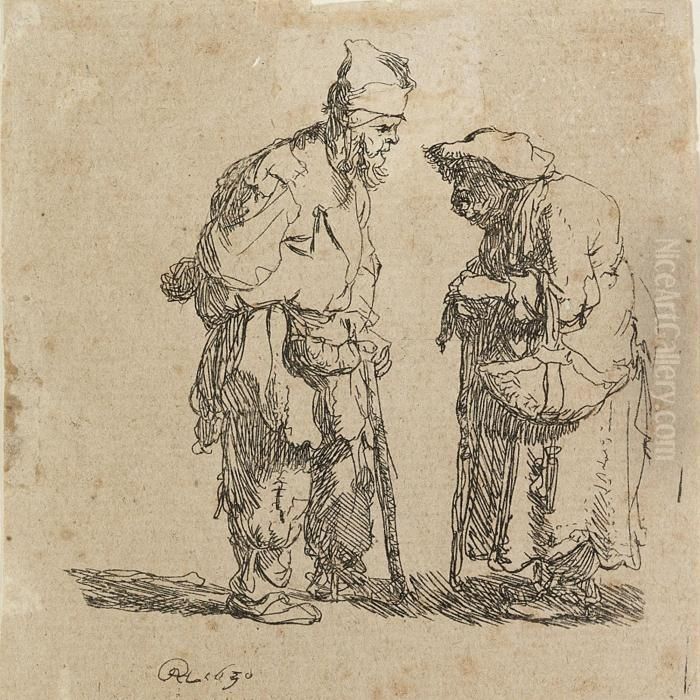 Beggar Man And Woman Conversing Oil Painting by Harmenszoon van Rijn Rembrandt