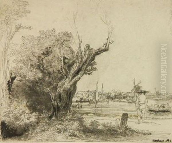 Seaside Town With Tree Stump Oil Painting by Harmenszoon van Rijn Rembrandt