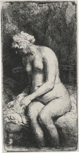 A Turbaned Soldier On Horseback; And A Woman Bathing Her Feet At Abrook Oil Painting by Harmenszoon van Rijn Rembrandt