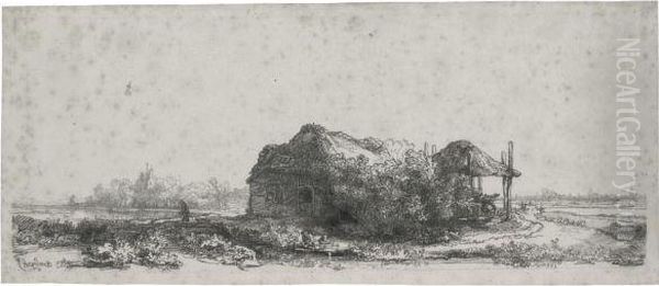 Landscape With A Cottage And Haybarn: Oblong Oil Painting by Harmenszoon van Rijn Rembrandt