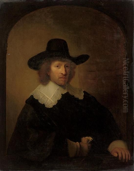 Portrait Of Nicolaas Van 
Bambeeck, Half-length, In Black, A Glovein His Right Hand, At A Casement Oil Painting by Harmenszoon van Rijn Rembrandt