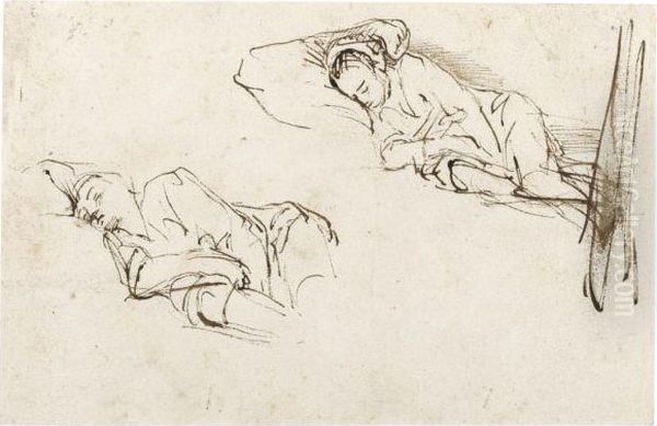 Two Studies Of A Woman Asleep On A Pillow Oil Painting by Harmenszoon van Rijn Rembrandt