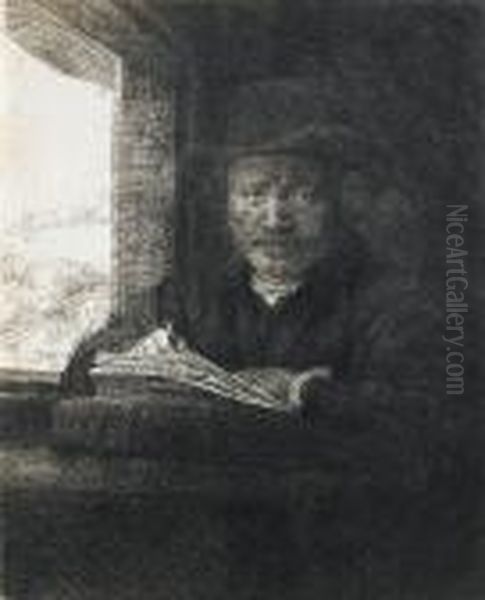 Self Portrait Drawing At A Window Oil Painting by Harmenszoon van Rijn Rembrandt