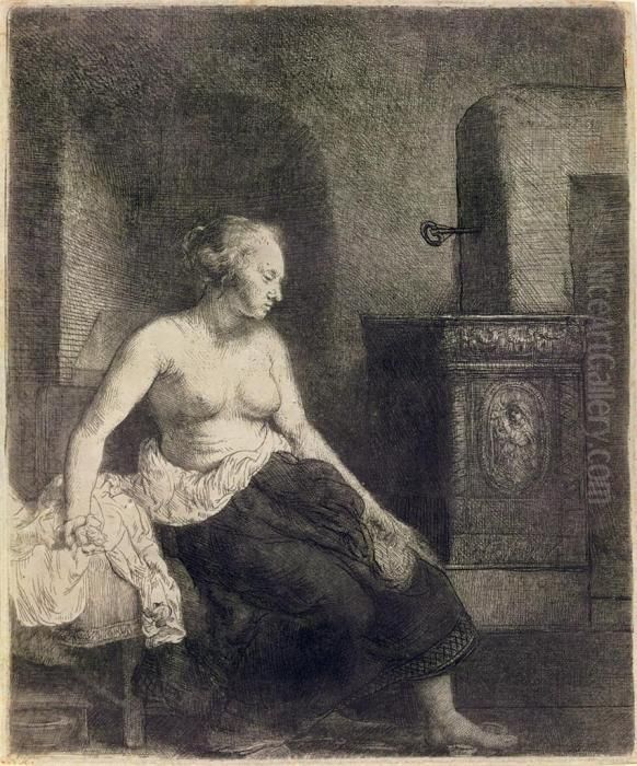 A Woman Sitting Half-dressed Beside A Stove Oil Painting by Harmenszoon van Rijn Rembrandt