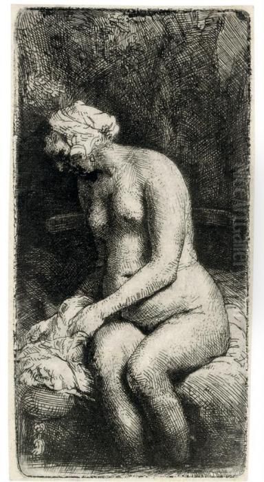 A Woman Bathing Her Feet At A Brook Oil Painting by Harmenszoon van Rijn Rembrandt