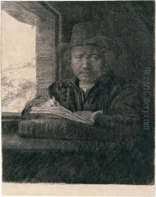 Self-portrait Drawing At A Window Oil Painting by Harmenszoon van Rijn Rembrandt