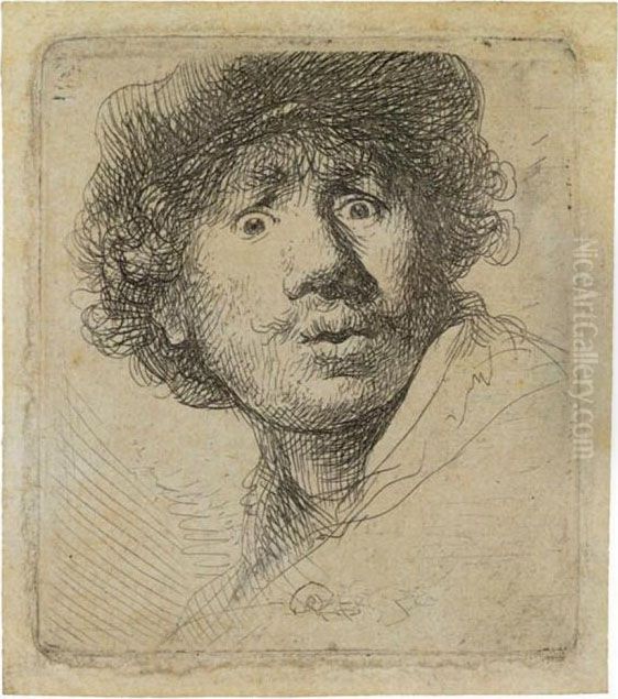 Self Portrait In A Cap, Open-mouthed Oil Painting by Harmenszoon van Rijn Rembrandt