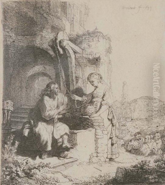 Le Christ Et La Samaritaine Parmi Les Ruines Oil Painting by Harmenszoon van Rijn Rembrandt