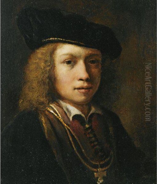 Tronie Of A Young Boy, Bust Length, Wearing A Brown Coat And A Beret Oil Painting by Harmenszoon van Rijn Rembrandt