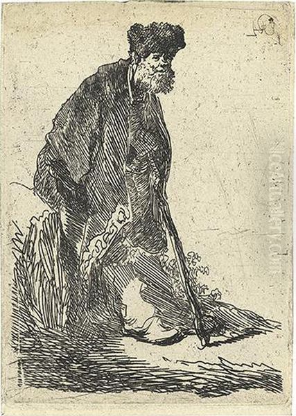 Man In A Coat And Fur Cap Leaning Against A Bank. Oil Painting by Harmenszoon van Rijn Rembrandt
