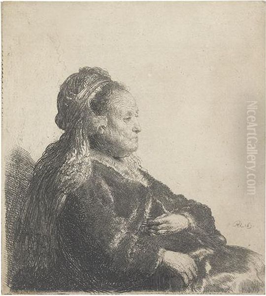The Artist's Mother Seated, In An Oriental Headdress: Half Length. Oil Painting by Harmenszoon van Rijn Rembrandt