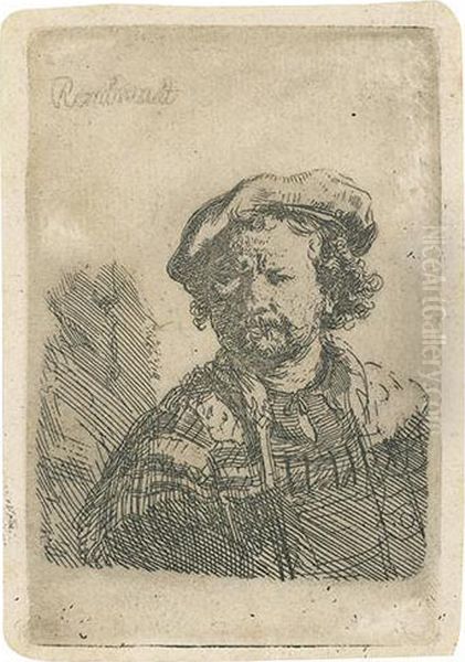 Self Portrait In A Flat Cap And Embroidered Dress. Oil Painting by Harmenszoon van Rijn Rembrandt