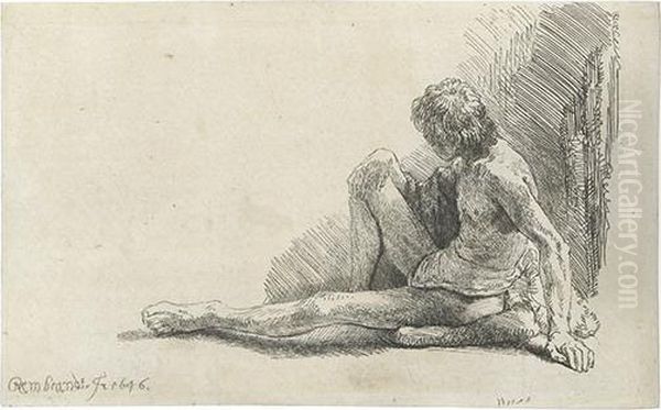 Nude Man Seated On The Ground With One Leg Extended. Oil Painting by Harmenszoon van Rijn Rembrandt