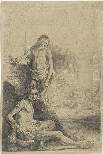 Nude Man Seated And Another Standing With A Woman And A Baby. Oil Painting by Harmenszoon van Rijn Rembrandt