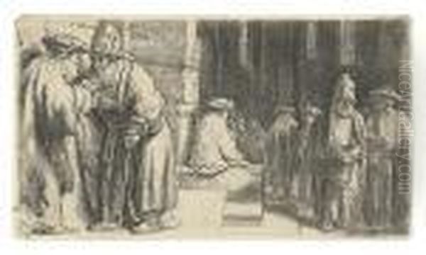 Jews In The Synagogue. Oil Painting by Harmenszoon van Rijn Rembrandt