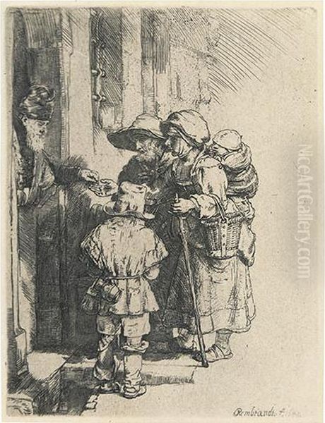 Beggars Receiving Alms At A Door. Oil Painting by Harmenszoon van Rijn Rembrandt