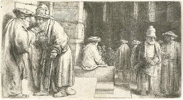 Jews In The Synagogue. Oil Painting by Harmenszoon van Rijn Rembrandt