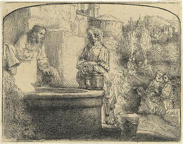Christ And The Woman Of Samaria: An Arched Print. Oil Painting by Harmenszoon van Rijn Rembrandt