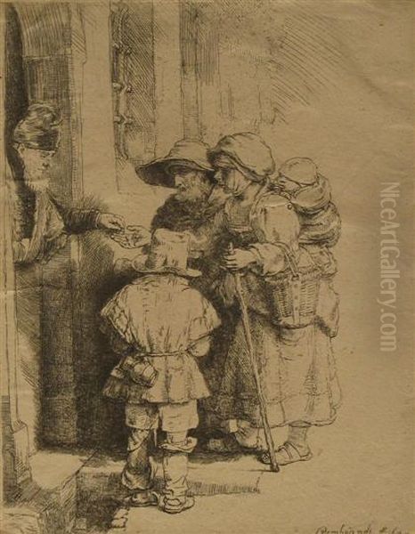 Beggars Receiving Alms At A Door Oil Painting by Harmenszoon van Rijn Rembrandt