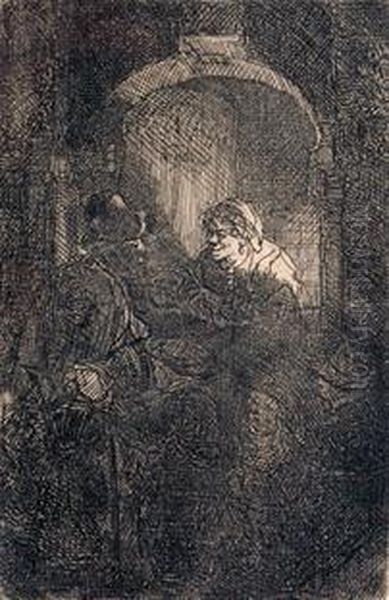 Mujer En La Puerta Hablando Con Hombre Y Ninos Oil Painting by Harmenszoon van Rijn Rembrandt