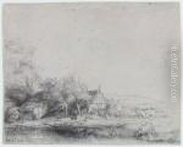 Die Landschaft Mit Der Saufenden Kuh. Radierung Oil Painting by Harmenszoon van Rijn Rembrandt