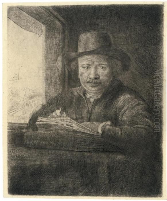 Self-portrait Drawing At A Window Oil Painting by Harmenszoon van Rijn Rembrandt