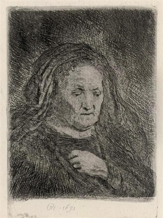 The Artist's Mother With Her Hands On Her Chest: Small Bust Oil Painting by Harmenszoon van Rijn Rembrandt