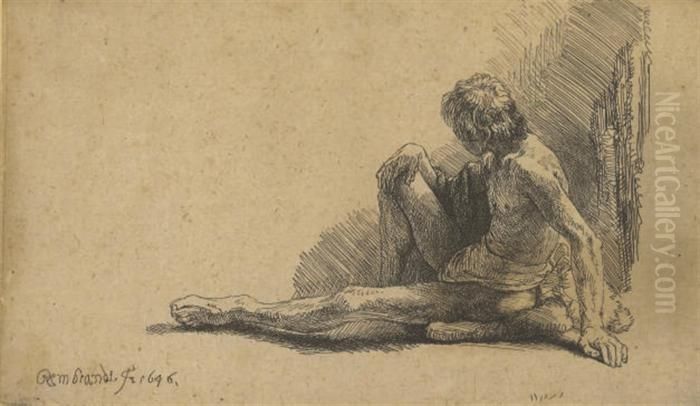 Nude Man Seated On The Ground With One Leg Extended Oil Painting by Harmenszoon van Rijn Rembrandt