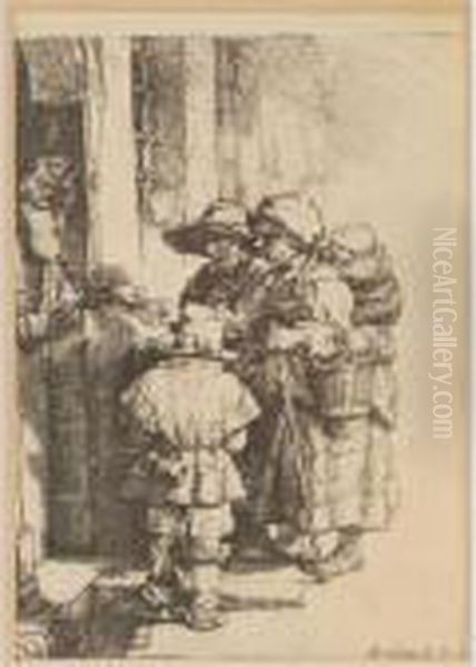 Trio Of Beggars Receiving Alms At The Door Oil Painting by Harmenszoon van Rijn Rembrandt