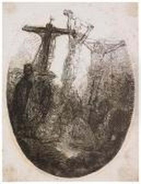 Christ Crucified Between The Two Thieves: An Oval Plate. Oil Painting by Harmenszoon van Rijn Rembrandt