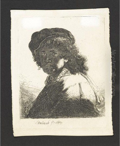 Self-portrait In A Cap And Scarf With The Face Dark Oil Painting by Harmenszoon van Rijn Rembrandt