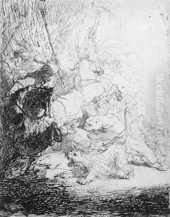 The Small Lion Hunt With Two Lions Oil Painting by Harmenszoon van Rijn Rembrandt