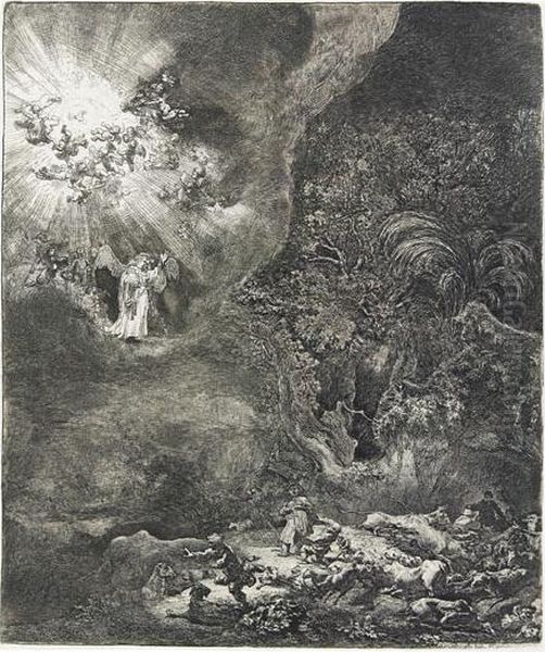 The Angel Appearing To The Shepherds. Oil Painting by Harmenszoon van Rijn Rembrandt