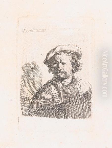 Self Portrait In A Flat Cap And Embroidered Dress. Oil Painting by Harmenszoon van Rijn Rembrandt